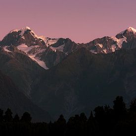 Aoraki/Mount Cook en Mount Tasman, vanaf Lake Matheson bij Fox Glacier, Nieuw-Zeeland van Paul van Putten