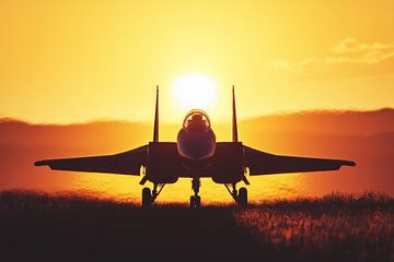 Een straaljager staat klaar op de landingsbaan, gehuld in het warme licht van het gouden uur van Digitale Schilderijen