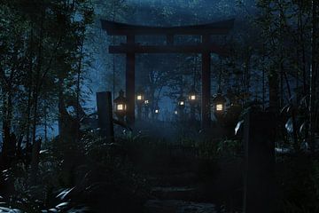 Japanese shrine with red torii entrance gate at dark night by Besa Art