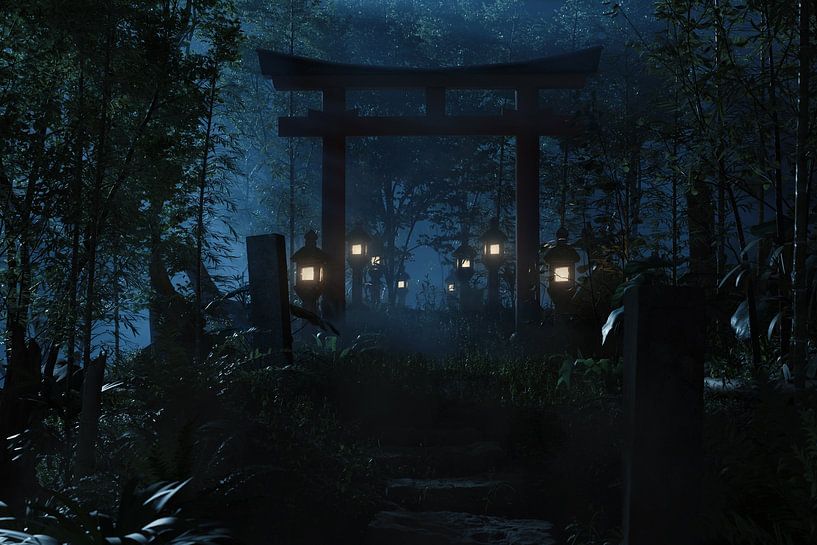 Sanctuaire japonais avec torii rouge Porte d'entrée par nuit noire par Besa Art