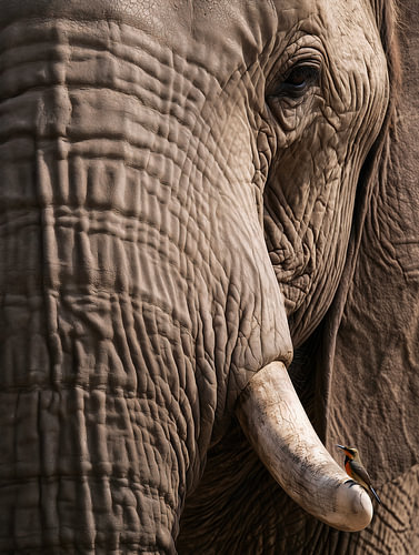 African Elephant with a Little Bird on its Tusk – A Soothing Close-up in Natural Shades of Sand and Earth