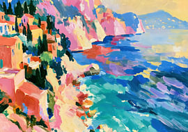 Abstrakte mediterrane Küstenlandschaft in lebhaften Farben von Niklas Maximilian