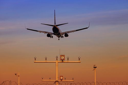 Landing plane at sunset by Frank Herrmann