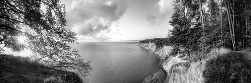Chalk cliffs on the island of Rügen at sunrise in black and white