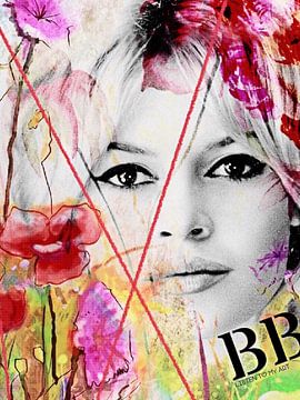 Brigitte Bardot | De bloemen kleuren roze en rood. Dit maakt het portret kleurig en fleurig van Wil Vervenne