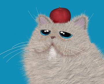Cat with apple on its head.