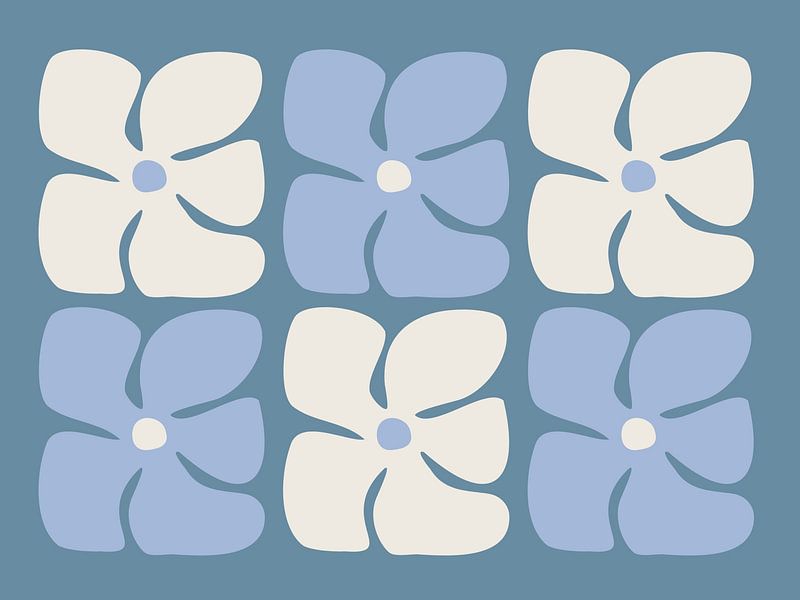 Sechs stilisierte Blumenmotive in Blau und Weiß von Jolly and Dash