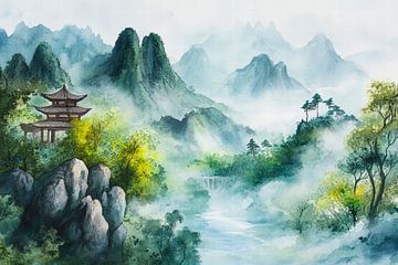 Berglandschaft mit Pagode von Poster Art Shop