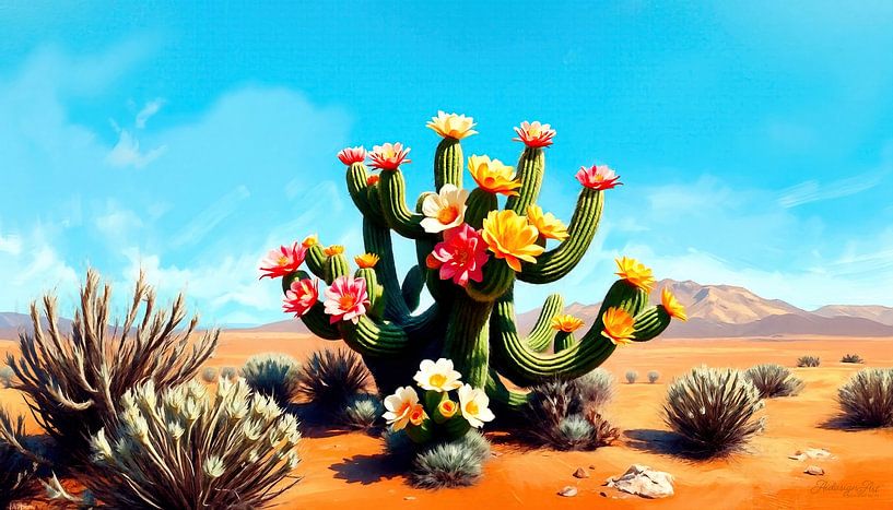 Bloeiende cactussen in de uitgestrektheid - Surrealistische kleurenpracht in het hart van de woestijn van AidasignArt