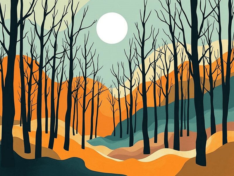 Ethereal Woods: A Symphony of Silhouetted Trees and Warm Hues by Artistic