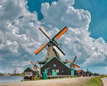 Windmühlen Zaanse Schans, De Kat, Bonte Hen, Jonge Schaap, De Zoeker, Zaandam, Nordholland, , Nieder von Rene van der Meer