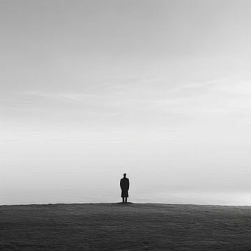 Zwart wit minimalistisch beeld kleine man in groot landschap van Natasja Haandrikman