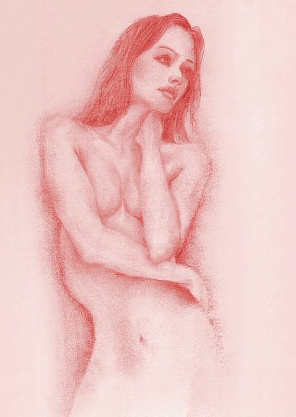 Femme pensant nue, croquis, rose rouge par Krista Kitsz Art