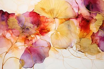 Watercolour abstract rendering of leaves in vibrant hues