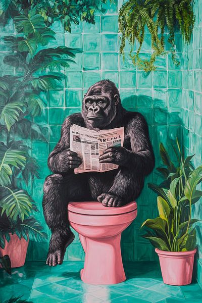 Gorilla reads newspaper in the bathroom by Poster Art Shop