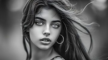 Portrait d'une femme en noir et blanc sur PixelPrestige