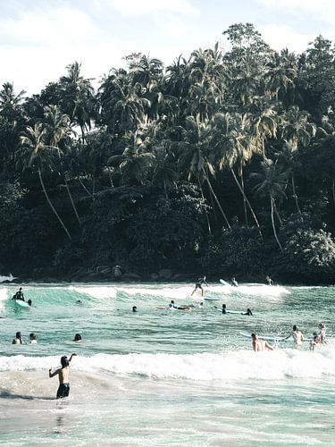 Surfers op een strand met palmbomen in Sri Lanka | fine art fotoprint