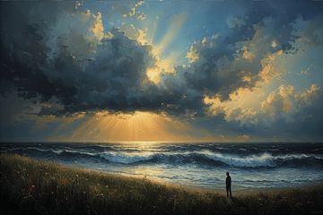 Dramatischer Sturm über dem Meer – Filmreife romantische Meereslandschaft in Ölgemälde mit Sonnenstrahlen von Kimita Jennaira