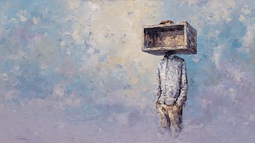 Jouet cassé, couleurs qui coulent, texture acrylique surréaliste, œuvre d'art figurative chargée d'émotion