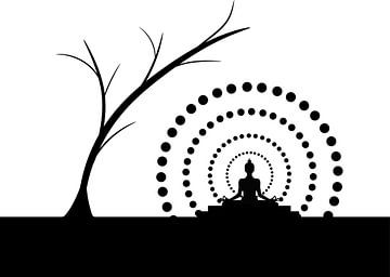 Buddha met bloem en een boom van Marcel Derweduwen