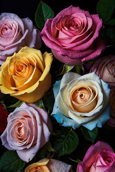 Colourful roses with leaves on dark background by Art & Soul Creations