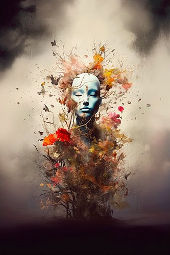 Serene Reflections: A Face Amidst Nature's Bloom