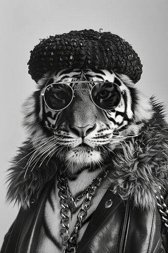 Tijger met pet en zonnebril in zwart en wit