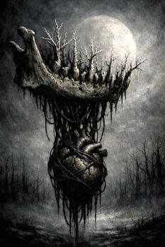 Gothic Surreal Heart and Jawbone Forest Oil Painting