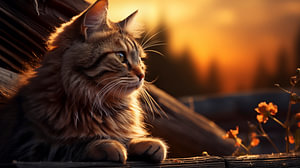 Eine Katze bei Sonnenaufgang, die auf einem alten Holzzaun thront, mit der aufgehenden Sonne im Hintergrund.