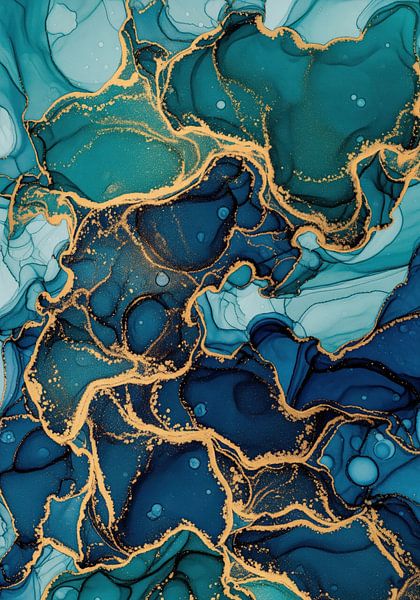 Teal und blaue Tinte abstrakt mit goldenen Akzenten von Markus Gann