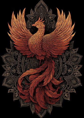 Feniks met mandala-achtergrond