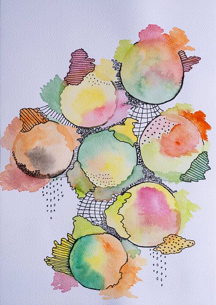 Connected (abstract schilderij met bollen en lijnen in herfstkleuren) van Birgitte Bergman