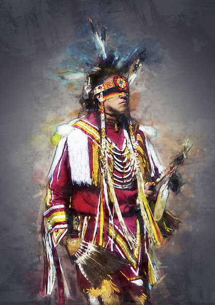 Oil paint portrait of an Indian by Bert Hooijer on canvas, poster
