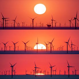 Sonnenuntergangstriptychon mit Windmühlen, Nordsee von Yanuschka | Fotografie Noordwijk