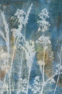 Abstract Retro Botanisch. Varens en bloemen in blauw, roestbruin, wit van Dina Dankers
