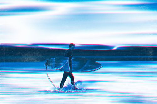 Blue Surf - Scène de plage abstraite avec un surfeur sur Dirk Wüstenhagen