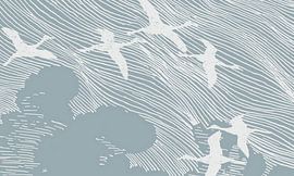 Japon Grues Vintage Bleu Gris sur Mad Dog Art