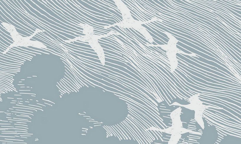 Japan Cranes Vintage Blue Grey by Mad Dog Art