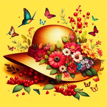 Hoed met bloemen en vlinders
