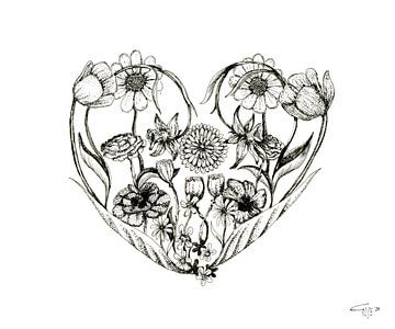 Pen drawing black and white - Flower heart