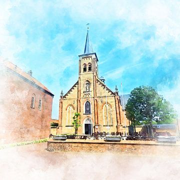 Aquarelafdruk van de Heilige Maria Hemelvaartkerk in Aardenburg, Sluis, Zeeuws-Vlaanderen van Danny de Klerk