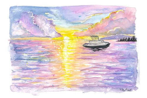 Coucher de soleil doré de Tobago en bateau sur des eaux calmes