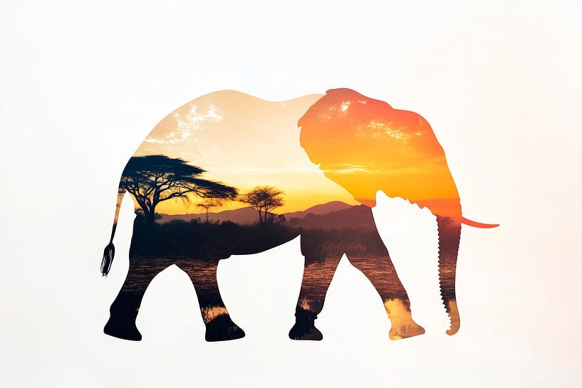 Olifant in de zonsondergang van Poster Art Shop