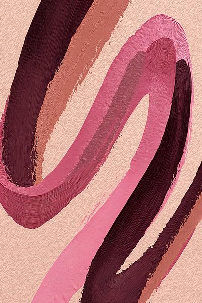 Une œuvre d'art abstraite moderne où des lignes fluides aux nuances de rose et de bordeaux créent un mouvement dynamique. Les coups de pinceau, d'une texture riche, forment une composition gracieuse et ondulante, évoquant une danse élégante ou une douce brise. Les teintes chaudes, du rose clair au rouge lie-de-vin profond, créent un ensemble harmonieux et serein. par Studio BB