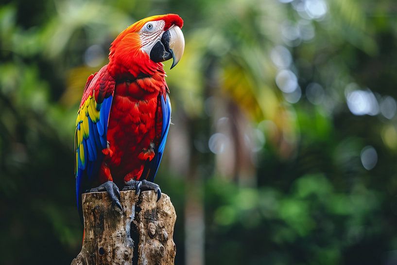 Colourful realistic parrot on a tree stump by Art & Soul Creations