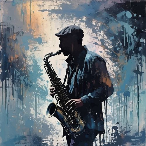 Saxofonist in beweging - abstract schilderachtig silhouet