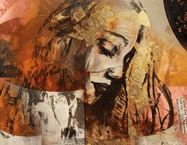 Mixed Media Porträt Frau - ausdrucksstarke Kunstwerk mit rosa rot beige orange und gold von Emiel de Lange
