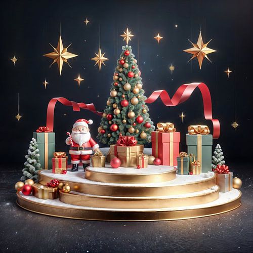 3D Christmas podium with Santa and Christmas tree