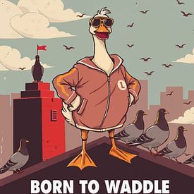 Né pour se dandiner, fait pour gagner – Illustration élégante d'une oie sur les toits sur MIROKKU
