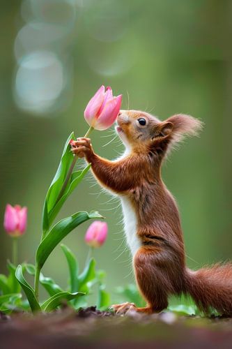 Eekhoorn snuffelt nieuwsgierig aan roze tulp